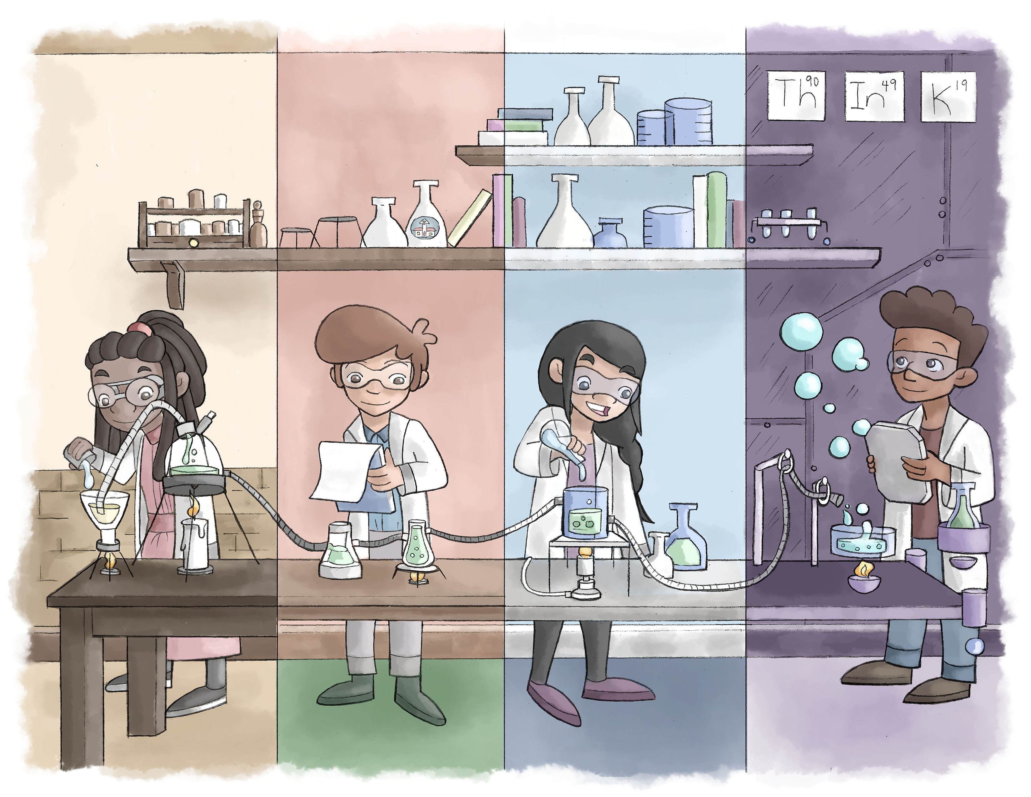 The research, cartoon of multicultural kids playing with science