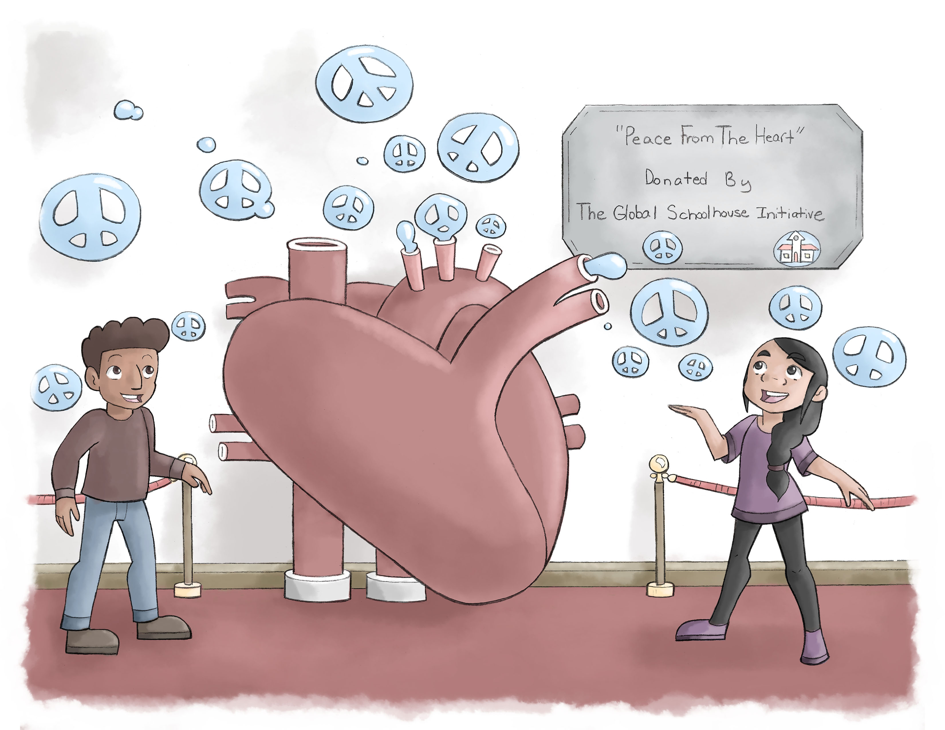 The issue, cartoon two children, heart beating peace signs