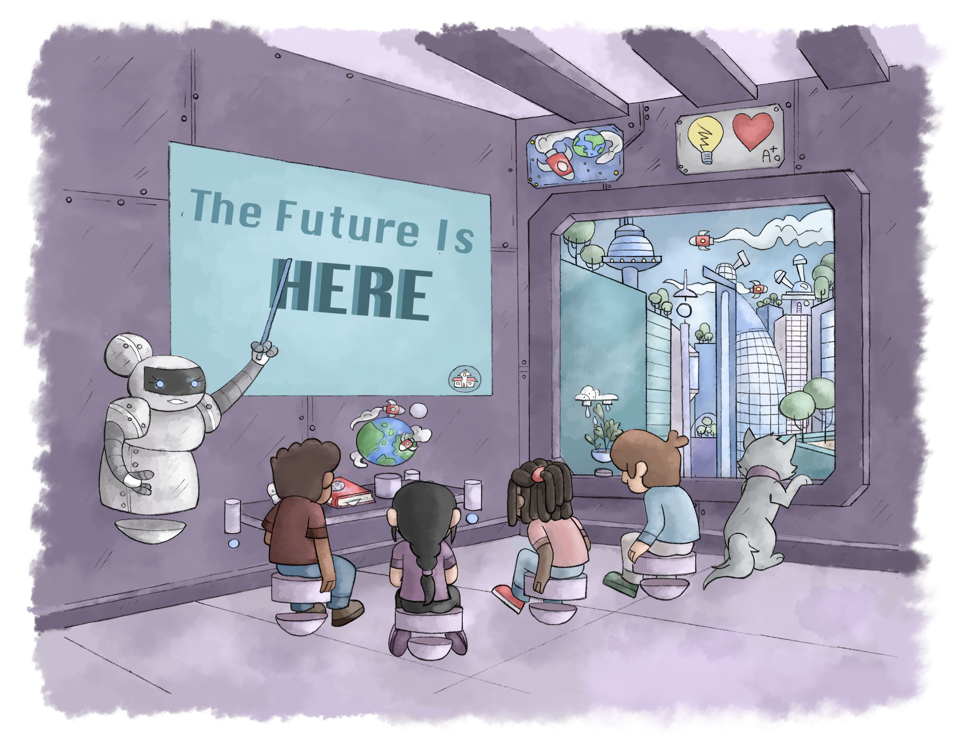 La solución, caricatura de la sala futurista de la escuela con niños y gatos mirando por la ventana.